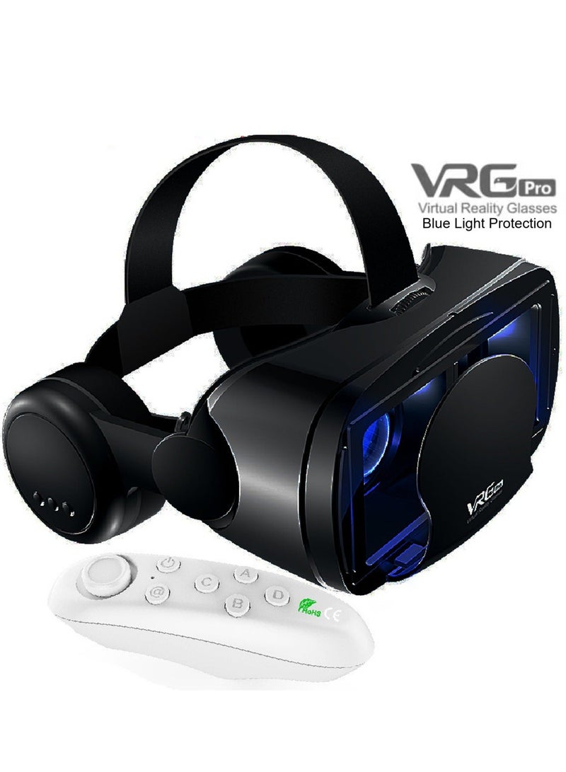 VRG VR Goggles VRG Pro 3D Virtual Reality VR Glasses + Hi-Fi Headphones Version, Blue Light Protection + Controller for TV, Movies & Video Games Compatible with iOS & Android Smartphone Within 5-7inch Screen Phone Eye Protected Soft & Comfortable Adjustable Distance Big Screen/ 3D Effect + Immersion /Full-Screen Vision, Full Screen, No Borders/ Immersive Games - Image 1